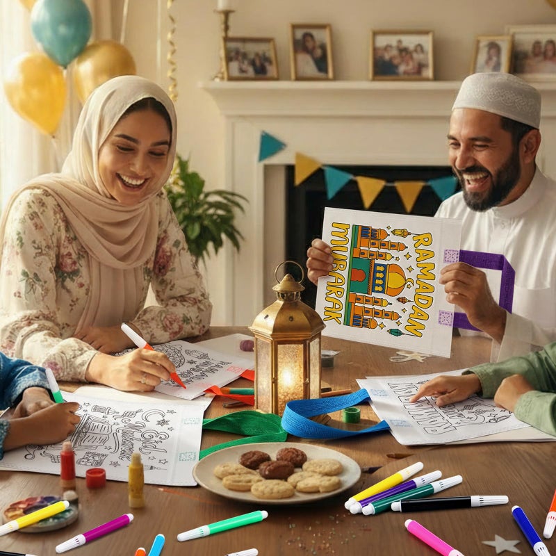 Gilprop 40 Pcs Ramadan Coloring Goodie Bags Bulk with Paint Pens Eid Mubarak Party Favors Coloring Gift Bags Ramadan Crafts Reusable Canvas Bag for Eid Mubarak Home Activities Party Favors - Image 3