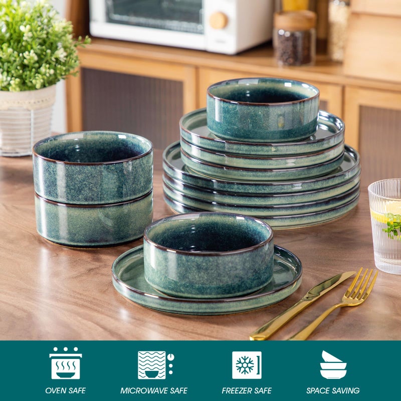 vancasso Starry Plates and Bowls Sets,12 Pieces Green Dinnerware Sets for Kitchen,Modern Stoneware Dishes Set for 4,Dishwasher and Microwave Safe - Image 4