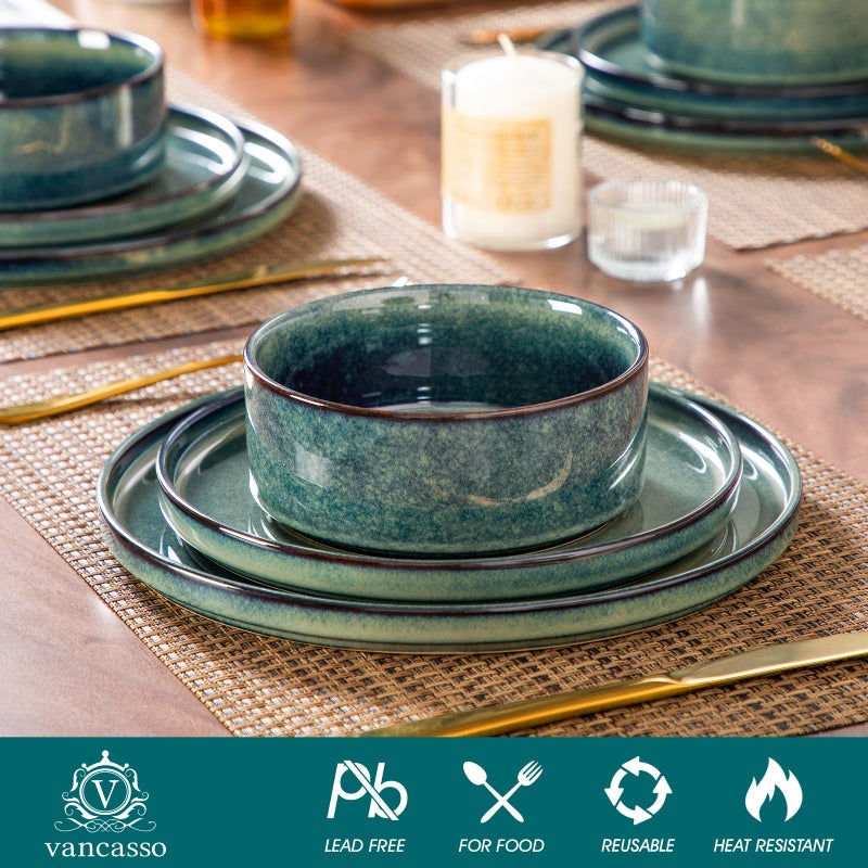 vancasso Starry Plates and Bowls Sets,12 Pieces Green Dinnerware Sets for Kitchen,Modern Stoneware Dishes Set for 4,Dishwasher and Microwave Safe - Image 3