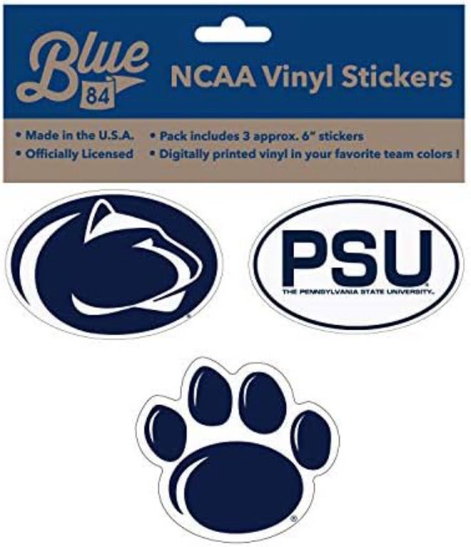 أزرق 84 مجموعة من 3 ملصقات ورقية بحجم 6 بوصات لفريق Penn State Nittany Lions باللون الأزرق، من إنتاج NCAA Blue Brand، متوفرة بلون أزرق بحري (Navy)، وبحجم واحد فقط. - Image 1