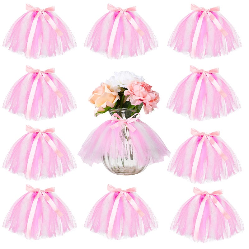 Tatuo 12 Pieces Mini Tutu Table Skirt Wine Bottle Cover Tutu Skirt Tulle Vase Skirt Decor Garland Centerpieces for Wedding Baby Shower Cake Dessert Birthday Party(Pink and White) - Image 1