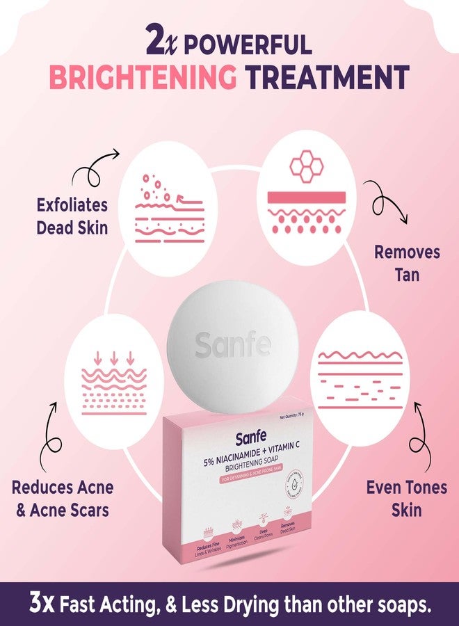 Sanfe 5% Niacinamide & Vitamin C Brightening Soap | Hydrating, Prevents New Blemishes | Skin whitening soap for women| Tan Removal Hyperpigmentation & Glow 75 Gram (Pack Of 3) - Image 2