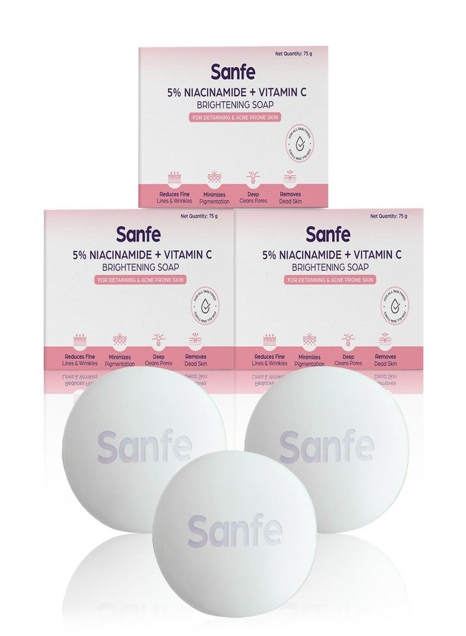 Sanfe 5% Niacinamide & Vitamin C Brightening Soap | Hydrating, Prevents New Blemishes | Skin whitening soap for women| Tan Removal Hyperpigmentation & Glow 75 Gram (Pack Of 3) - Image 1