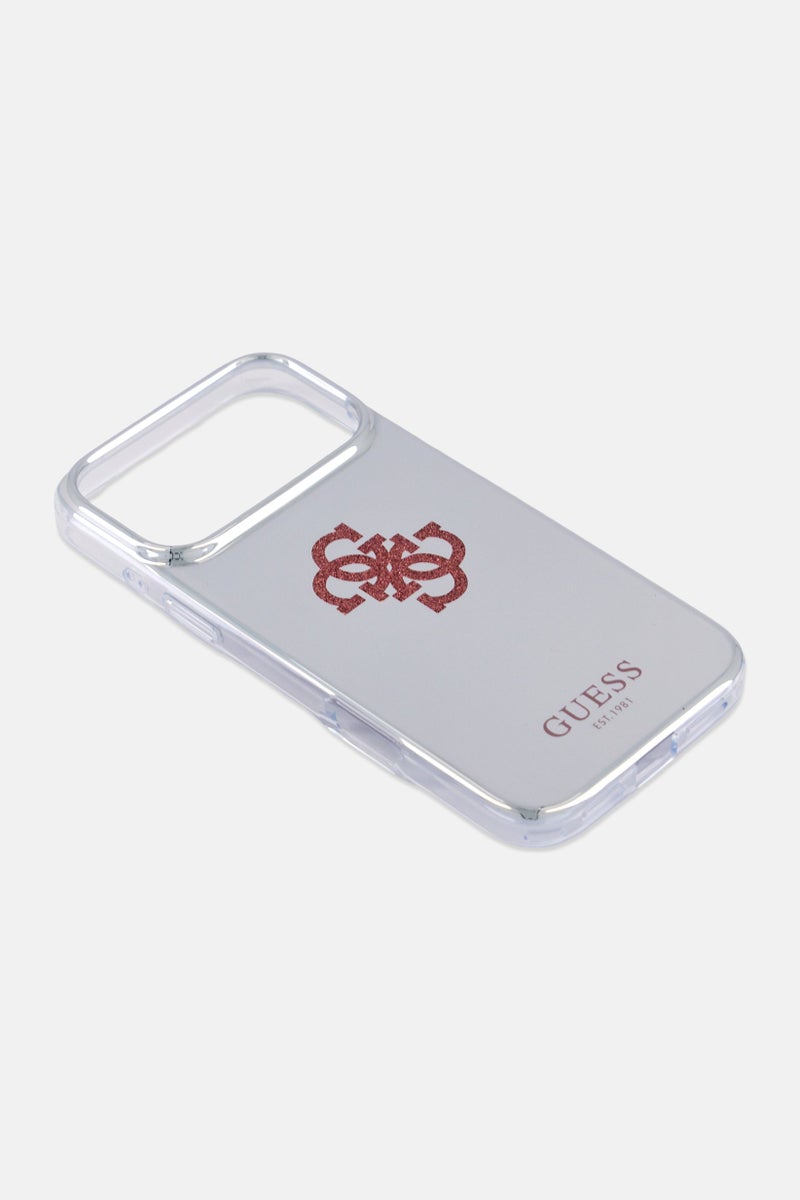 GUESS حافظة موبايل آيفون 17 برو ماكس 4G بشعار لامع، فضي - Image 4