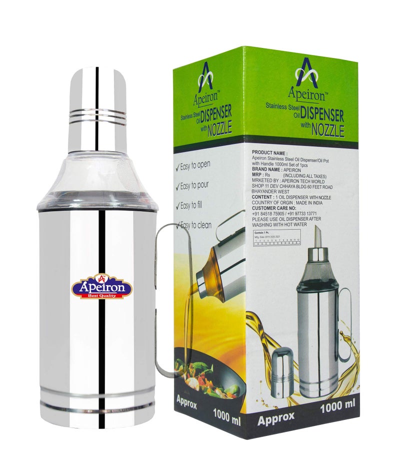 Apeiron Stainless Steel Nozzle Oil Dispenser Kitchen Jar (Silver-Black, 1000ml), Set of 1 - Image 1