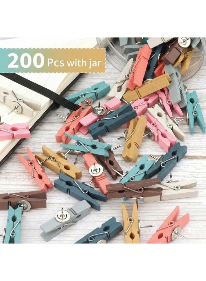Affrolling 200 Pcs Push Pin with Wooden Clips Tacks for Cork Board Bulletin Board Colorful Thumb Tacks Wooden Clips for Teachers Classroom School Offices Home Supplies Decor Accessories(Boho) - Image 3