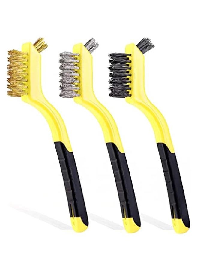 Generic Wire Brush Set 3Pcs - Nylon/Brass/Stainless Steel Bristles with Curved Handle Grip for Rust, Dirt & Paint Scrubbing with Deep Cleaning – 7 Inches (Yellow)  - Image 1