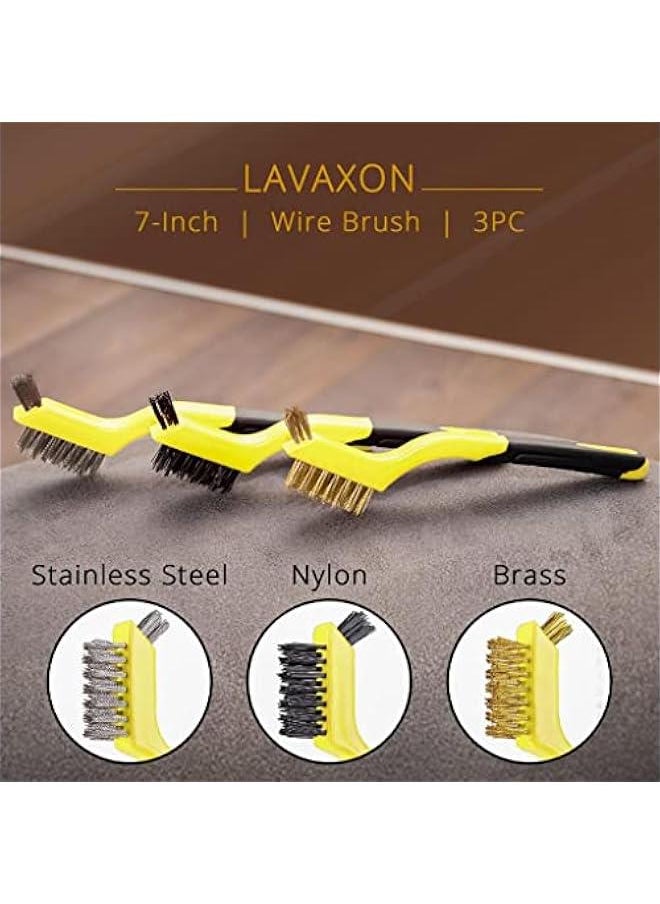 Generic Wire Brush Set 3Pcs - Nylon/Brass/Stainless Steel Bristles with Curved Handle Grip for Rust, Dirt & Paint Scrubbing with Deep Cleaning – 7 Inches (Yellow)  - Image 4