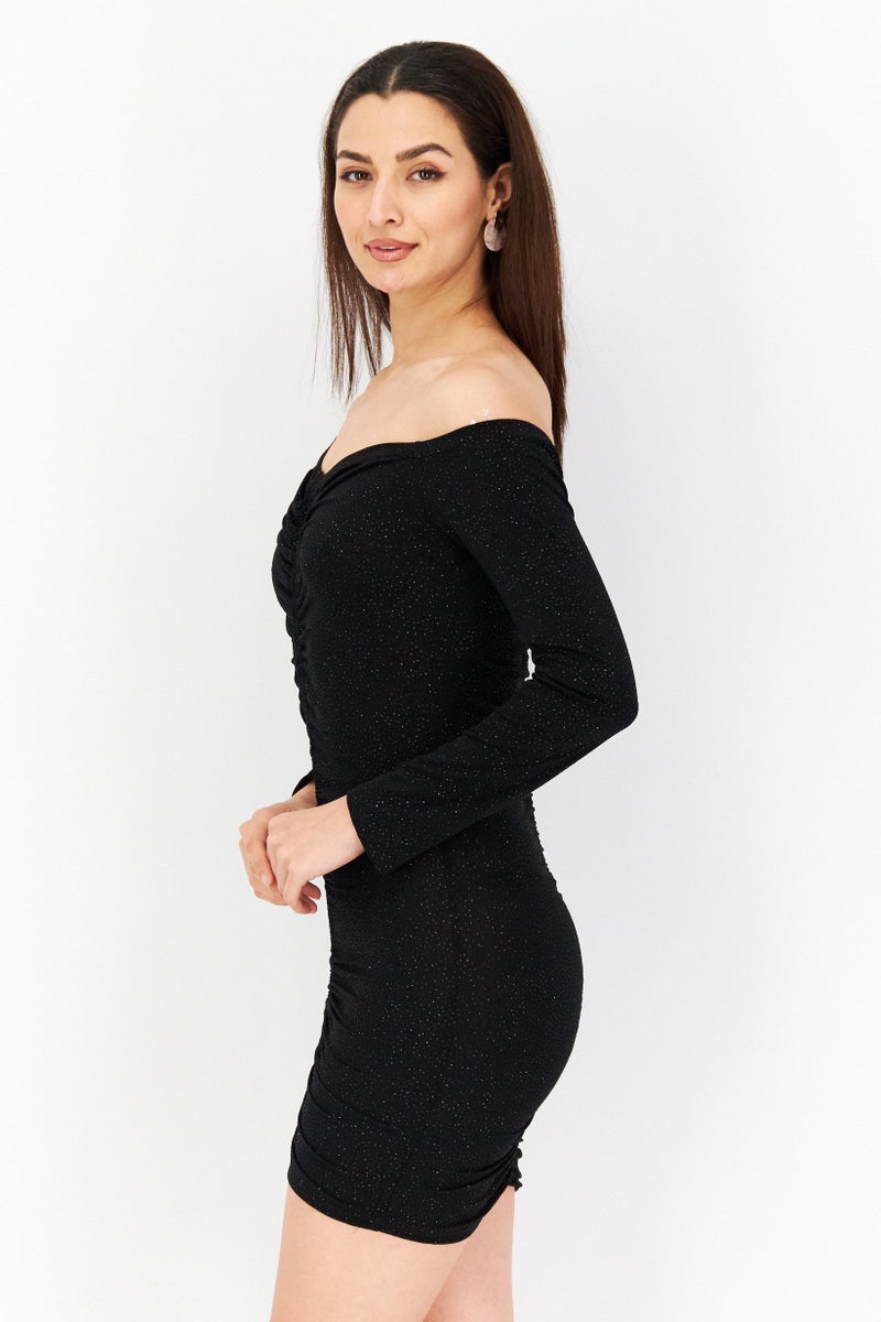 Endless Blu Women Ruched Tie Detail Casual Mini Dress, Black - Image 3