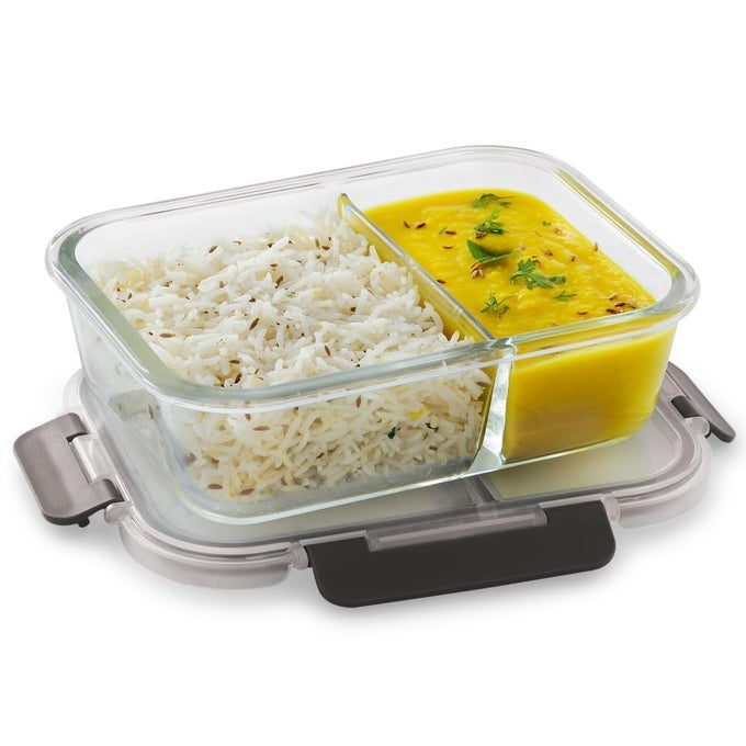 G-LOCK GLASS FOOD DIVIDER RECTANGLE CONTAINER NO. 4 | 970 ML WITH DETACHABLE LOCK - IDEAL LUNCH BOX, TIFFIN BOX FOR OFFICE MEN - DURABLE AND LEAKPROOF LUNCH BOXES FOR OFFICE USE