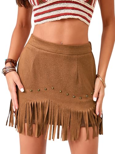 Breoklla Western Skirts for Women Fringe Mini Faux Suede Cowgirl Skirt for Country Concert Rodeo Outfit Rave Festival (2503B,Brown,M) - Image 2