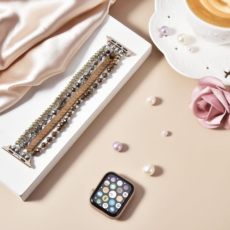 MOFREE Beaded Bracelet Compatible with Apple Watch Band 38mm/40mm/41mm/42mm, Fashion Elastic Stretch Women Bands for iWatch Series 11/10/9/8/7/SE/6/5/4/3/2/1 iPhone Watch Strap Bands Coffee - Image 2