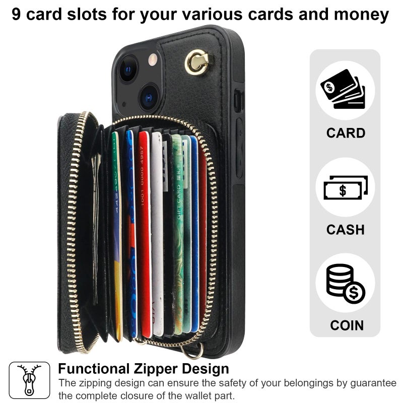 Bocasal Crossbody Wallet Case for iPhone 14 iPhone 13, RFID Blocking Leather Purse Case with Card Holder, Protective Handbag Flip Cover with Zipper Wrist Strap Lanyard for Women 5G 6.1 Inch (Black) - Image 4