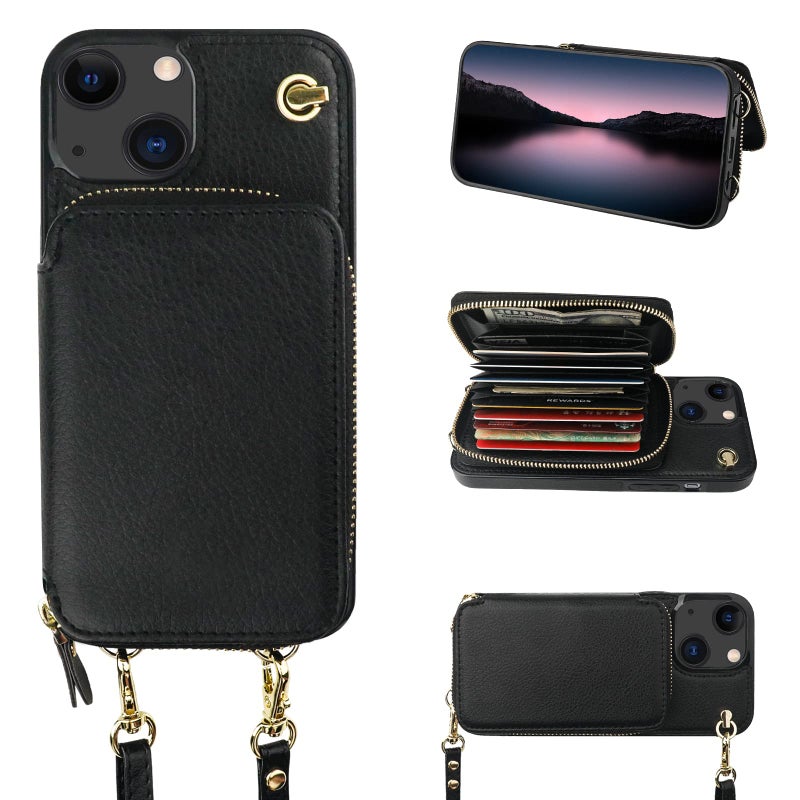Bocasal Crossbody Wallet Case for iPhone 14 iPhone 13, RFID Blocking Leather Purse Case with Card Holder, Protective Handbag Flip Cover with Zipper Wrist Strap Lanyard for Women 5G 6.1 Inch (Black) - Image 1