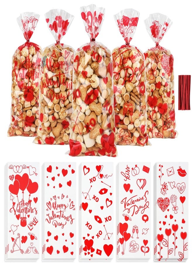 Linsuminn Valentine Treat Bags, Valentine Cellophane Treat Bags, 50 PCS Plastic Clear Valentines Gift Bag Candy Cookie Goodie Snack Bag with Twist Ties for Valentines Day Wedding Party Favor Supplies, 5 Styles - Image 1