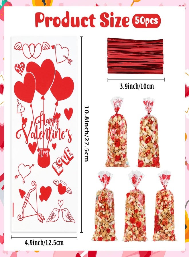 Linsuminn Valentine Treat Bags, Valentine Cellophane Treat Bags, 50 PCS Plastic Clear Valentines Gift Bag Candy Cookie Goodie Snack Bag with Twist Ties for Valentines Day Wedding Party Favor Supplies, 5 Styles - Image 2