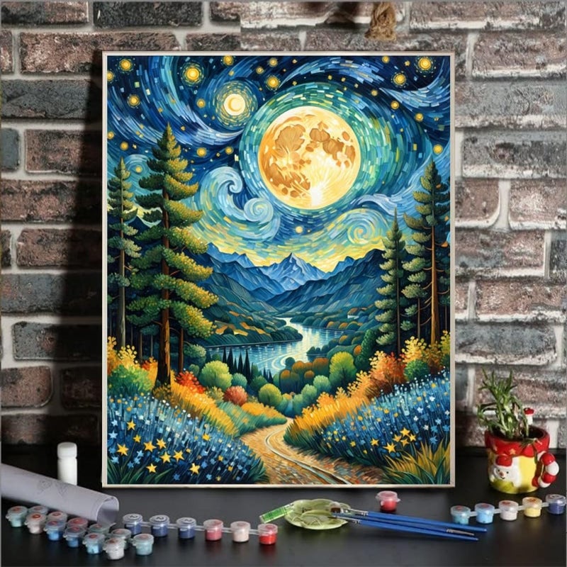 ldazao Moon Paint by Numbers Kit for Adults Beginner Forest Adult Paint by Number Kits On Canvas Adults' Paint-by-Number Kits DIY Oil Painting for Gift Home Wall Decor 16x20 Inch - Image 2