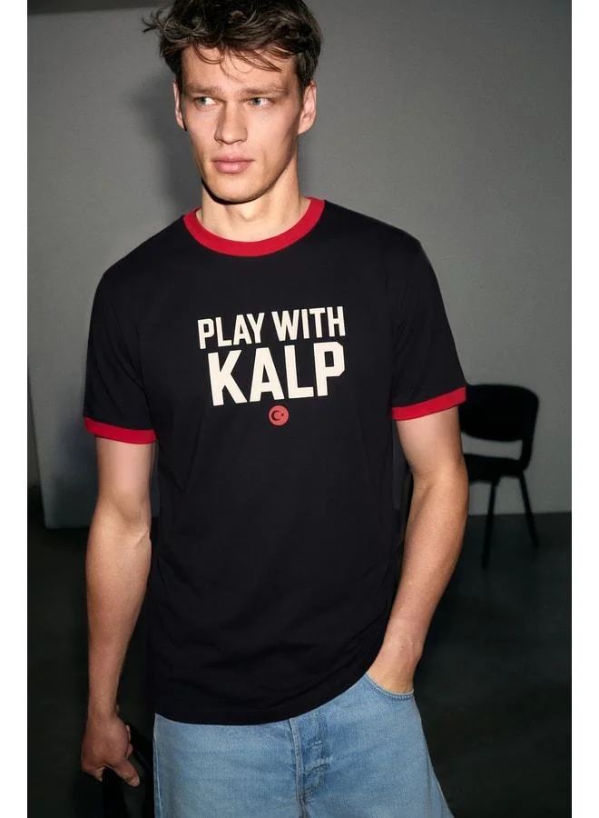 GRIMELANGE TULGEN Men's 100% Organic Cotton Contrast Collar World Cup Special Printed Black T-Shirt.