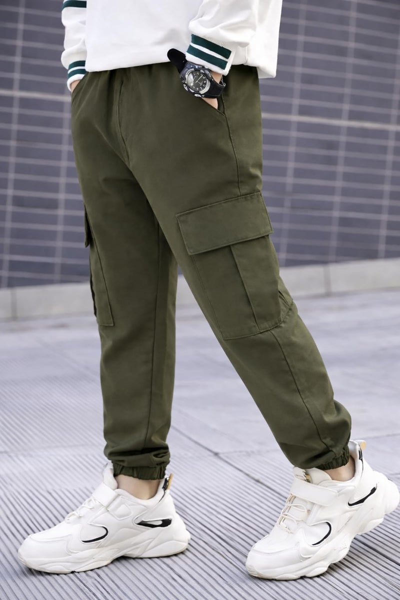 ADBUCKS Boys' Cotton Cargo Joggers – Soft, Casual Pants with Pockets II Boy's Relaxed Cargo Joggers Pants for Boy (in, Age, 9 Years, 10 Years, Green) - Image 2