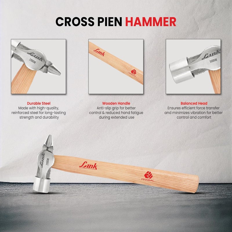 Link Prabal Cross Pien Hammer-200Gm Durable Forged Steel Head, Ashwood Wooden Handle with Non-Slip Grip For Home Industrial & Professional - Image 2