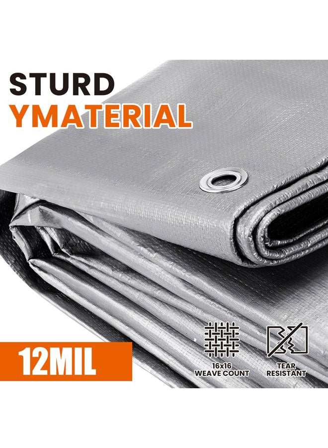 Spacever Tarp Heavy Duty 12x24 FT, 12 Mil Thick Large Tarps Water-Proof with Grommets, UV& Tear Resistant, Plastic Cover for Pool Roof Tent Outdoor Firewood, Silver& Brown - Image 2