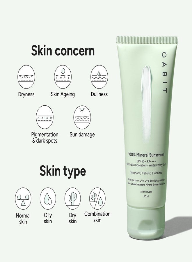 Gabit 100% Mineral Sunscreen SPF 50 PA++++ | Water & Sweat Resistant, UVA/B & Blue Light Protection | No White Cast | Vit E, Gooseberry, Winter Cherry | Normal, Oily, Dry Skin Types | Oil free | 50ml | Pack of 3 - Image 2