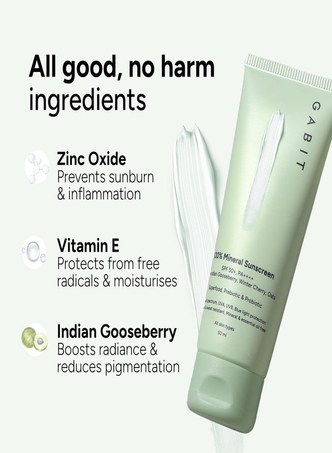 Gabit 100% Mineral Sunscreen SPF 50 PA++++ | Water & Sweat Resistant, UVA/B & Blue Light Protection | No White Cast | Vit E, Gooseberry, Winter Cherry | Normal, Oily, Dry Skin Types | Oil free | 50ml | Pack of 3 - Image 3