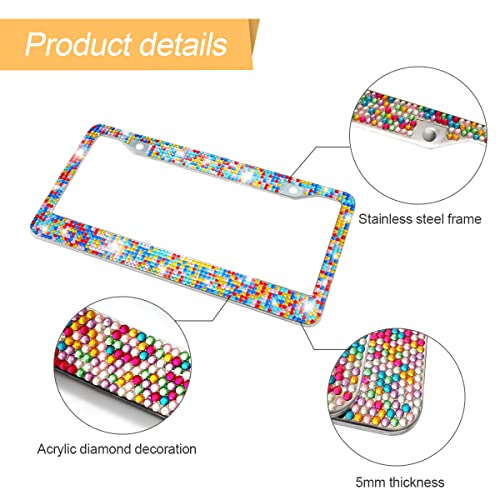 YALOK Bling Car License Plate Frame, Sparkly Rhinestone Stainless Steel License Plate Cover/Holder, Universal for Most Cars, SUVs, Vehicles with Screw Set, Auto Accessories for Women (Multicolor) - Image 3