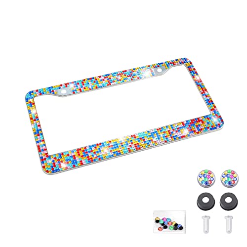 YALOK Bling Car License Plate Frame, Sparkly Rhinestone Stainless Steel License Plate Cover/Holder, Universal for Most Cars, SUVs, Vehicles with Screw Set, Auto Accessories for Women (Multicolor) - Image 1