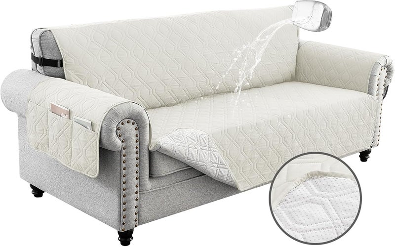 INFOSUN Couch Cover, Waterproof Sofa Covers, Cushion Protector with Non-Skid Backing & Elastic Straps, Dog Couch Cover Protector for 1/2/3/4 Seater, Covers for Dogs Pets Kids(4 Seater Sofa, White) - Image 1