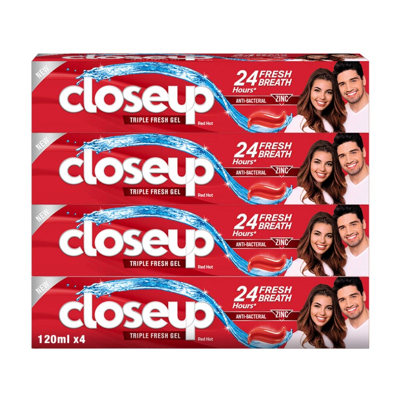 Closeup Triple Fresh Gel Toothpaste, Red Hot, for 24HR fresh breath, 120ml x 4