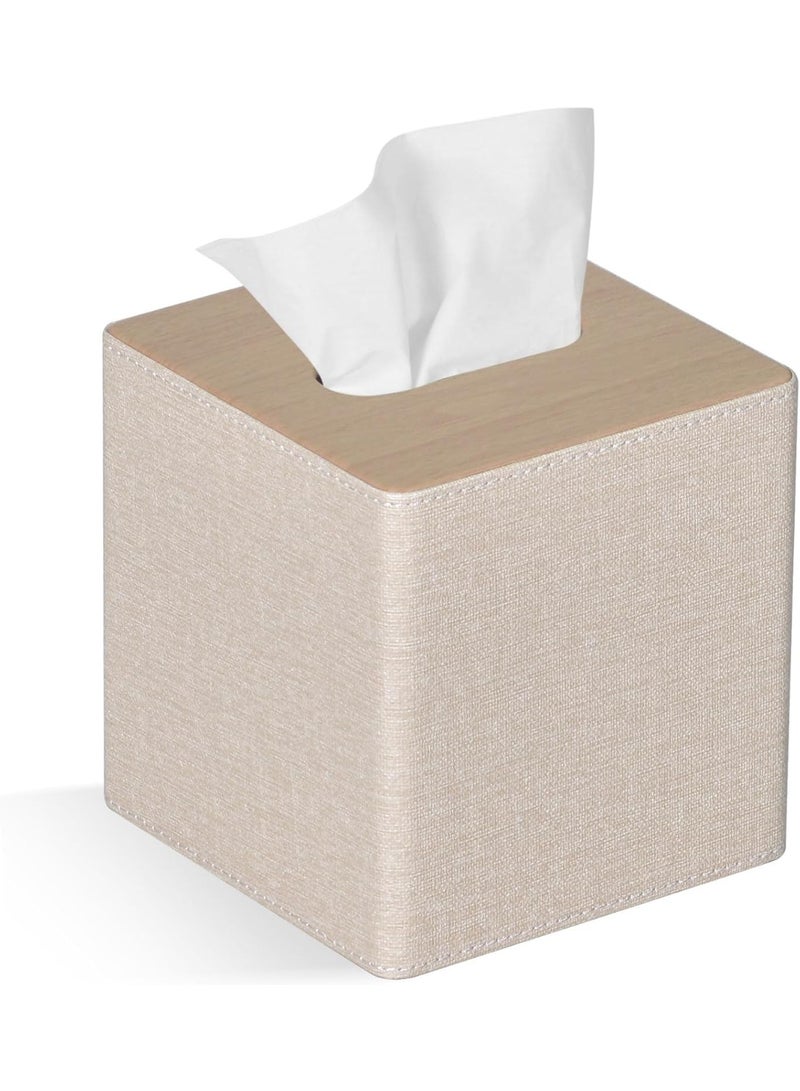 صندوق الأنسجة غطاء مربع PU جلد الوجه صندوق الأنسجة حامل للزينة ديكور الحمام (بيج) - Image 1