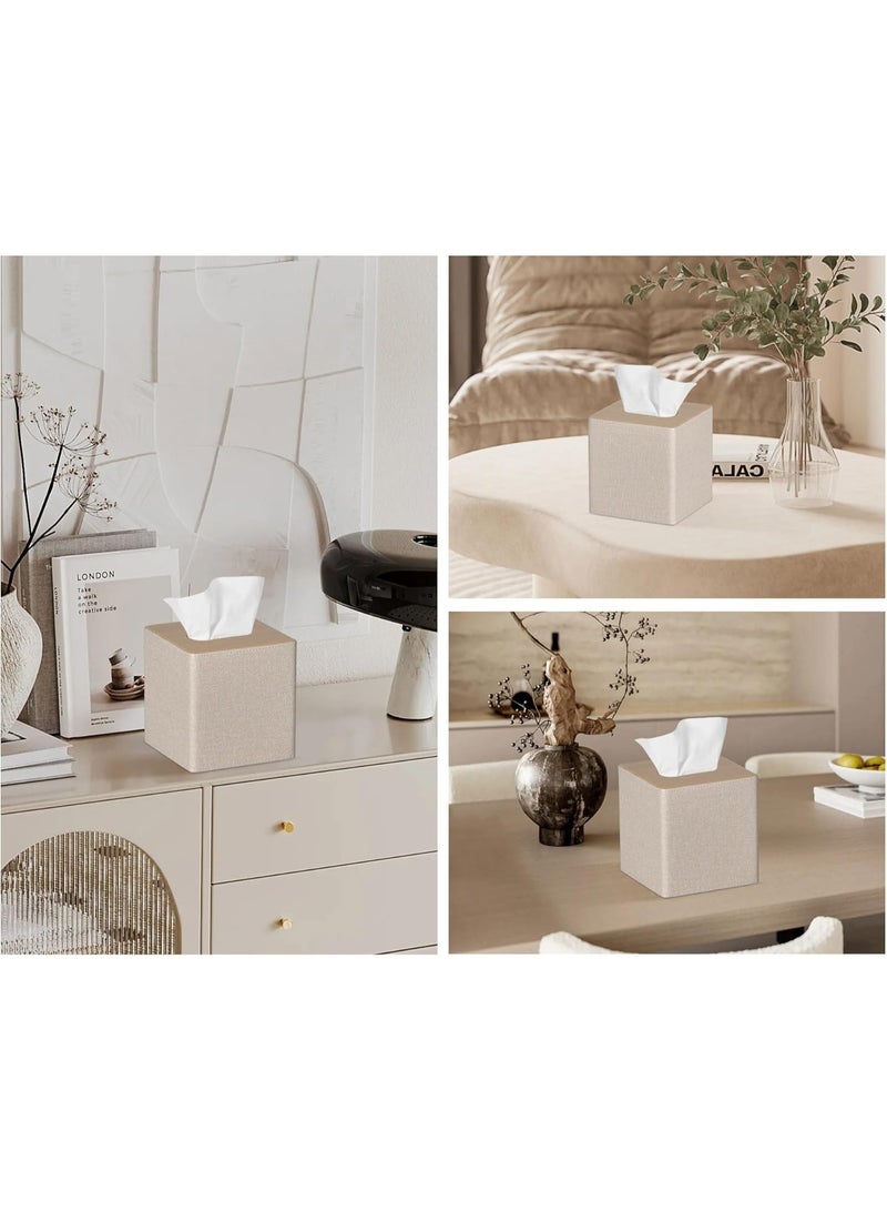 صندوق الأنسجة غطاء مربع PU جلد الوجه صندوق الأنسجة حامل للزينة ديكور الحمام (بيج) - Image 2