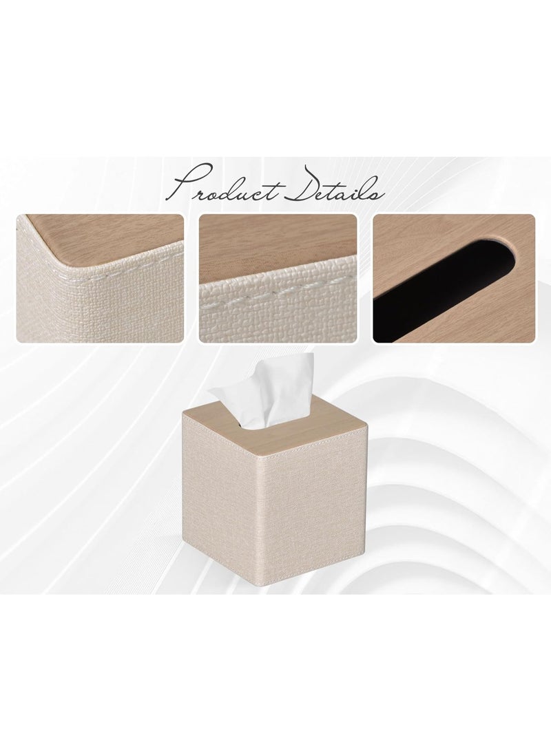 صندوق الأنسجة غطاء مربع PU جلد الوجه صندوق الأنسجة حامل للزينة ديكور الحمام (بيج) - Image 3