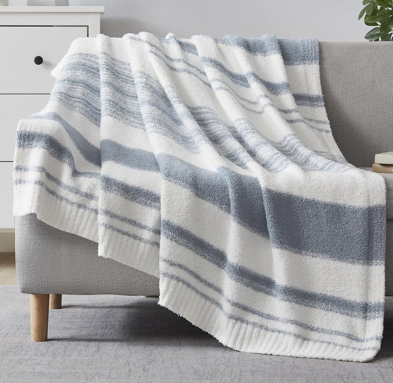 WRENSONGE WRENGONGE Grey Blue Throw Blanket 60x80 Soft Cozy Striped Throw Blankets for Couch Sofa Bed Travel Lightweight Fluffy Warm Plush Decorative Blankets for Women MenKids Gift