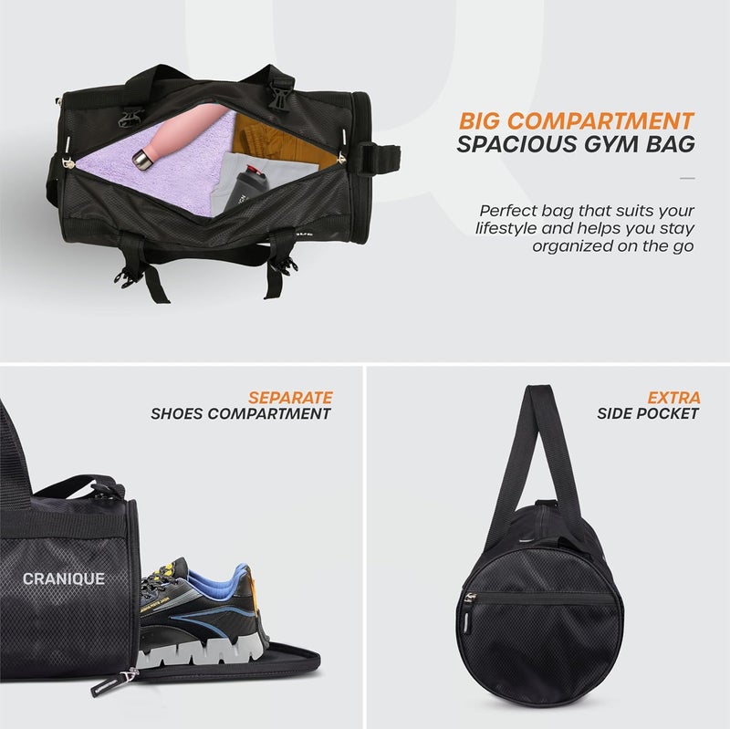 Cranique 23L Duffle Gym Bag with Shoe Compartment & Yoga Mat Holder Shoulder Strap | Gym Bag for Men & Women | Sports Bag | Kit Bag (QGB1-Black) - Image 4