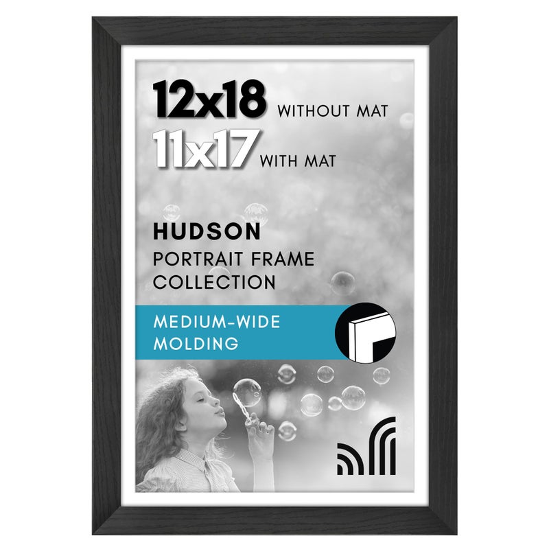 Americanflat 12x18 Poster Frame with Shatter-Resistant Glass - Use as 11x17 Frame with Mat or Display 12x18 Photo Without Mat - Hudson Collection - Wide Picture Frames for Wall Display - Black - Image 1
