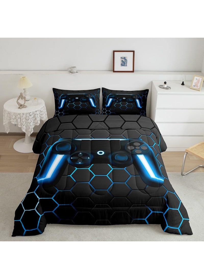 Erosebridal Erosebridal Gamer Comforter Set for Boys Teens Blue Gaming Bedding Set Video Game Bedding Home Decor for Kids Comforter Twin 2 Pieces Quilted Duvet Set 1 Comforter with 1 Pillowcase(Hexagon Gamepad)  - Image 1
