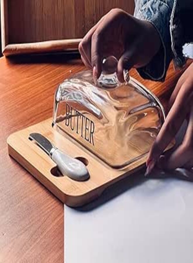 Generic Glass Butter Dish with Bamboo Base and Knife, Clear Cover with Text .ho