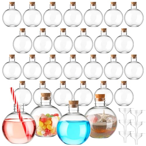 Jinei 30 Pcs 6 oz Ball Shape Plastic Sand Art Bottles Spherical Clear Plastic Potion Bottles Christmas Cocktail Ornament Balls for DIY Wedding Party Gift Crafts Decoration(Wood Color, Cork) - Image 1
