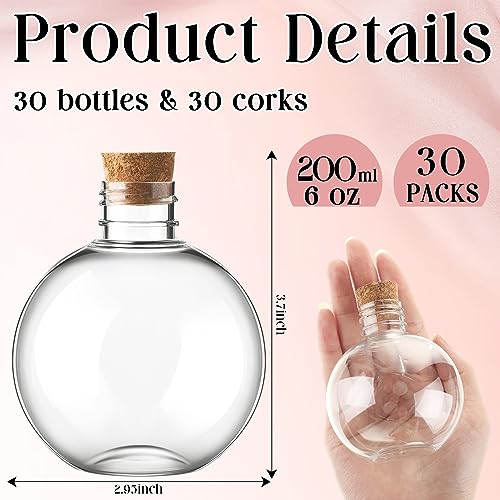 Jinei 30 Pcs 6 oz Ball Shape Plastic Sand Art Bottles Spherical Clear Plastic Potion Bottles Christmas Cocktail Ornament Balls for DIY Wedding Party Gift Crafts Decoration(Wood Color, Cork) - Image 2