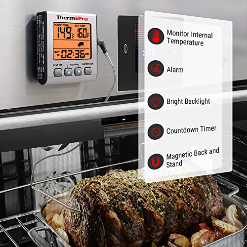 ThermoPro ترمومتر لحوم رقمي ThermoPro TP16S للطهي والشواء، ترمومتر طعام للشواء مع إضاءة خلفية ومؤقت مطبخ، ترمومتر مسبار درجة حرارة للشواية، المدخن، الفرن، الخبز، الزيت - Image 4