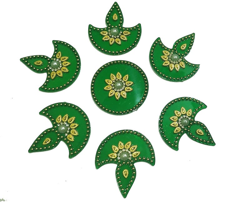 Salvus App SOLUTIONS Salvus App Solutions Handcrafted Traditional Acrylic Artificial Rangoli Diya Designed Festive Elegance and Vibrant Dcor 7 Piece Set Dark Green_6 inch  - Image 1