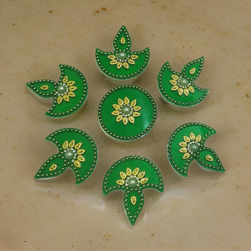Salvus App SOLUTIONS Salvus App Solutions Handcrafted Traditional Acrylic Artificial Rangoli Diya Designed Festive Elegance and Vibrant Dcor 7 Piece Set Dark Green_6 inch  - Image 4