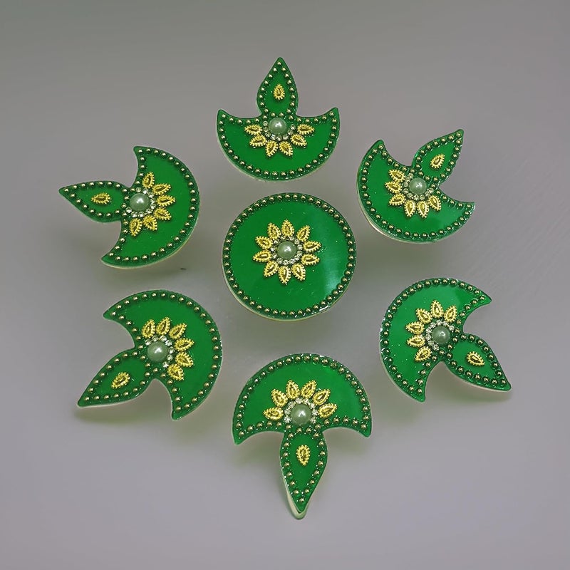 Salvus App SOLUTIONS Salvus App Solutions Handcrafted Traditional Acrylic Artificial Rangoli Diya Designed Festive Elegance and Vibrant Dcor 7 Piece Set Dark Green_6 inch  - Image 3