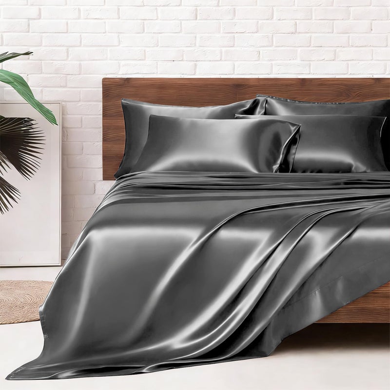 MRHM Satin Bed Sheets Queen Size Sheets Set 6 Pcs Silky Bedding Set with 15 Inches Deep Pocket for Mattress Queen Dark Grey