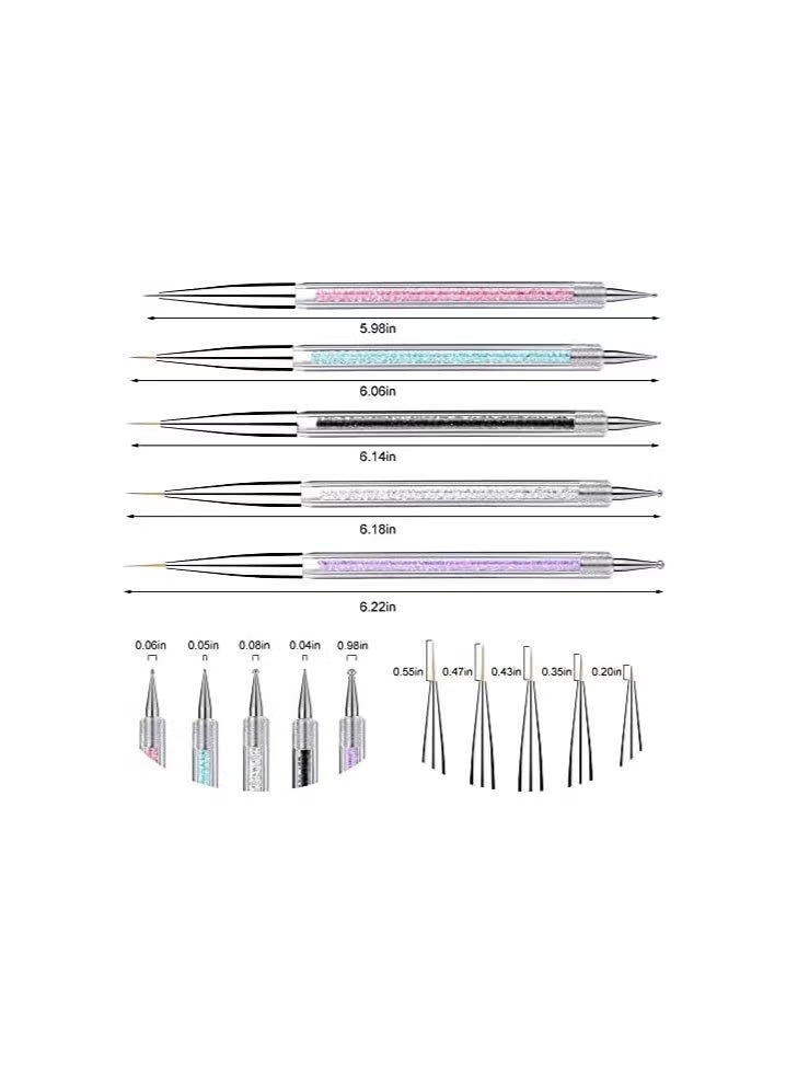 Gecomo 5Pcs Double-Ended Nail Art Liner Brushes with Dotting Tools, Crystal Handles - Image 3