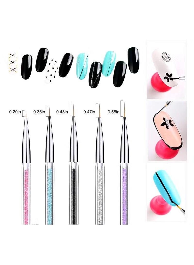 Gecomo 5Pcs Double-Ended Nail Art Liner Brushes with Dotting Tools, Crystal Handles - Image 5