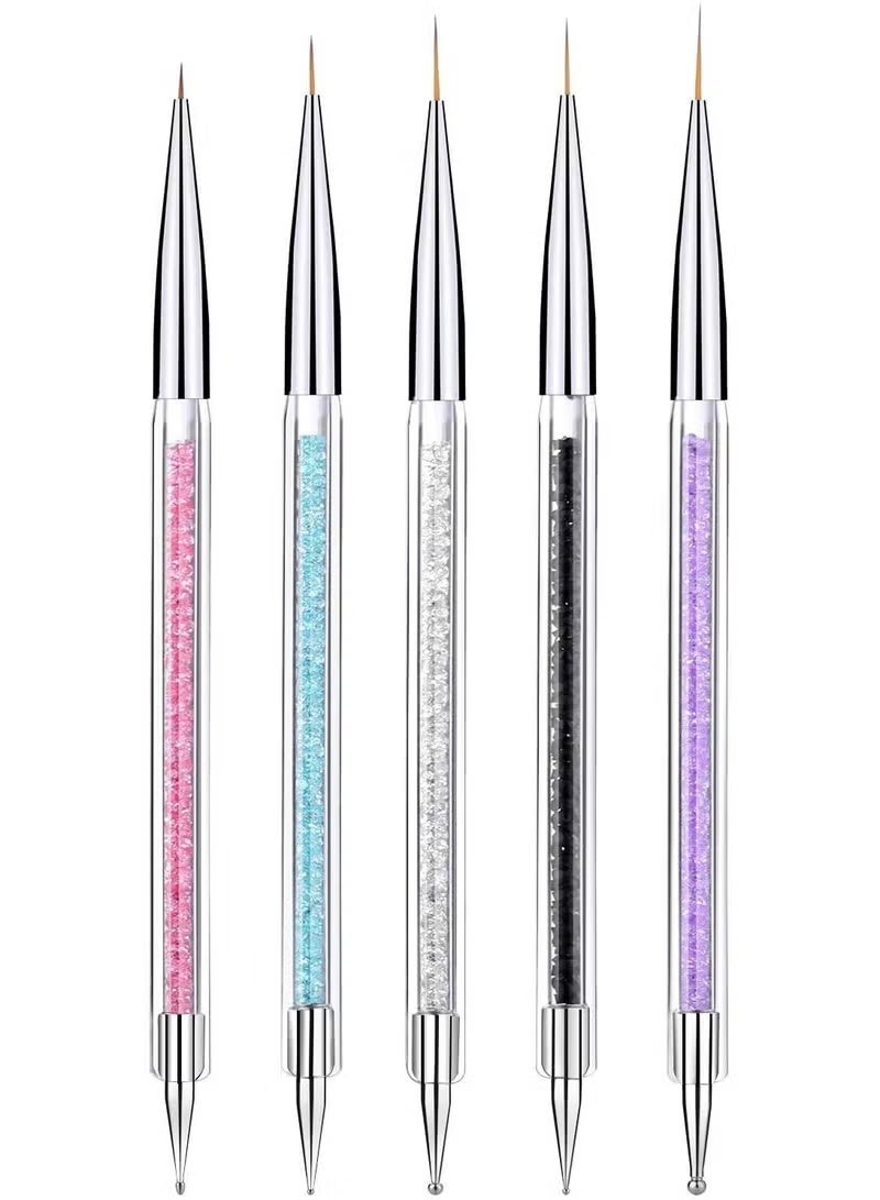 Gecomo 5Pcs Double-Ended Nail Art Liner Brushes with Dotting Tools, Crystal Handles - Image 1
