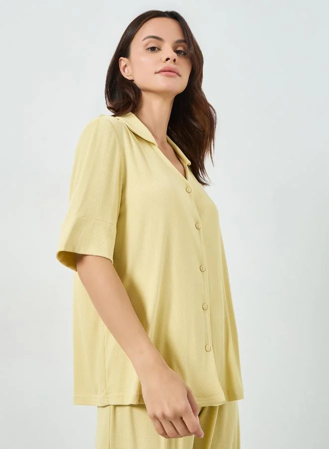 Styli Yellow Viscose Ribbed Buttoned Shirt and Pyjama Set